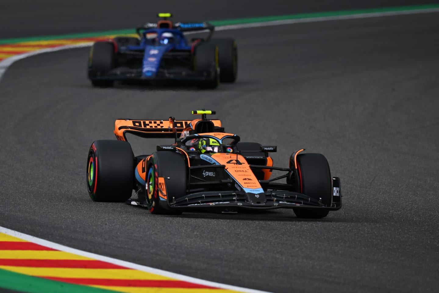 SPA, BELGIUM - JULY 30: Lando Norris of Great Britain driving the (4) McLaren MCL60 Mercedes leads