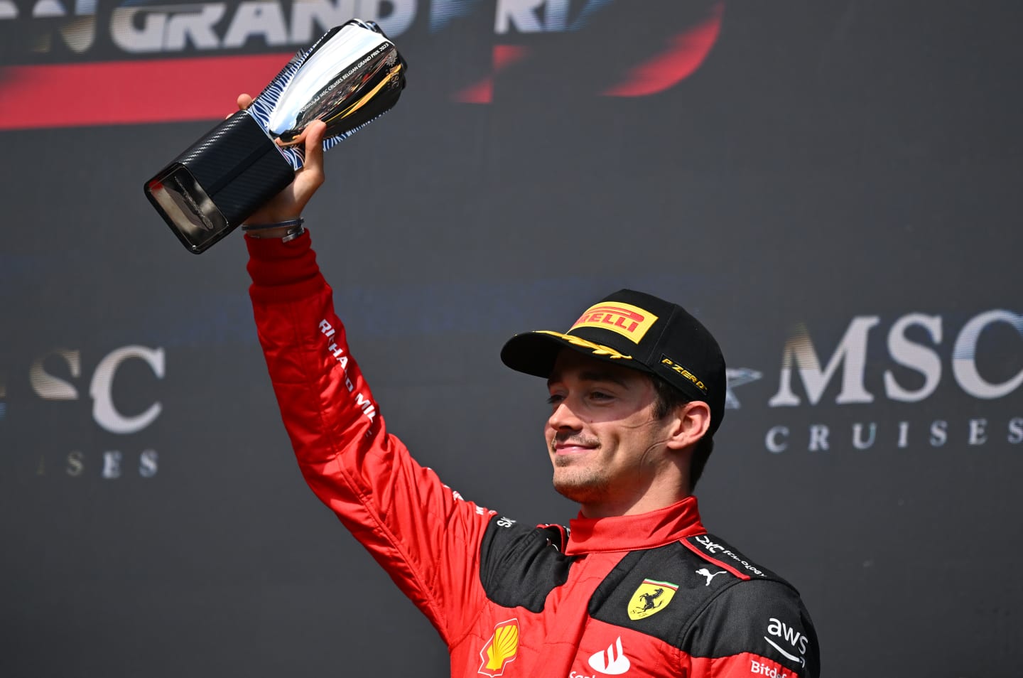 SPA, BELGIUM - JULY 30: Third placed Charles Leclerc of Monaco and Ferrari celebrates on the podium