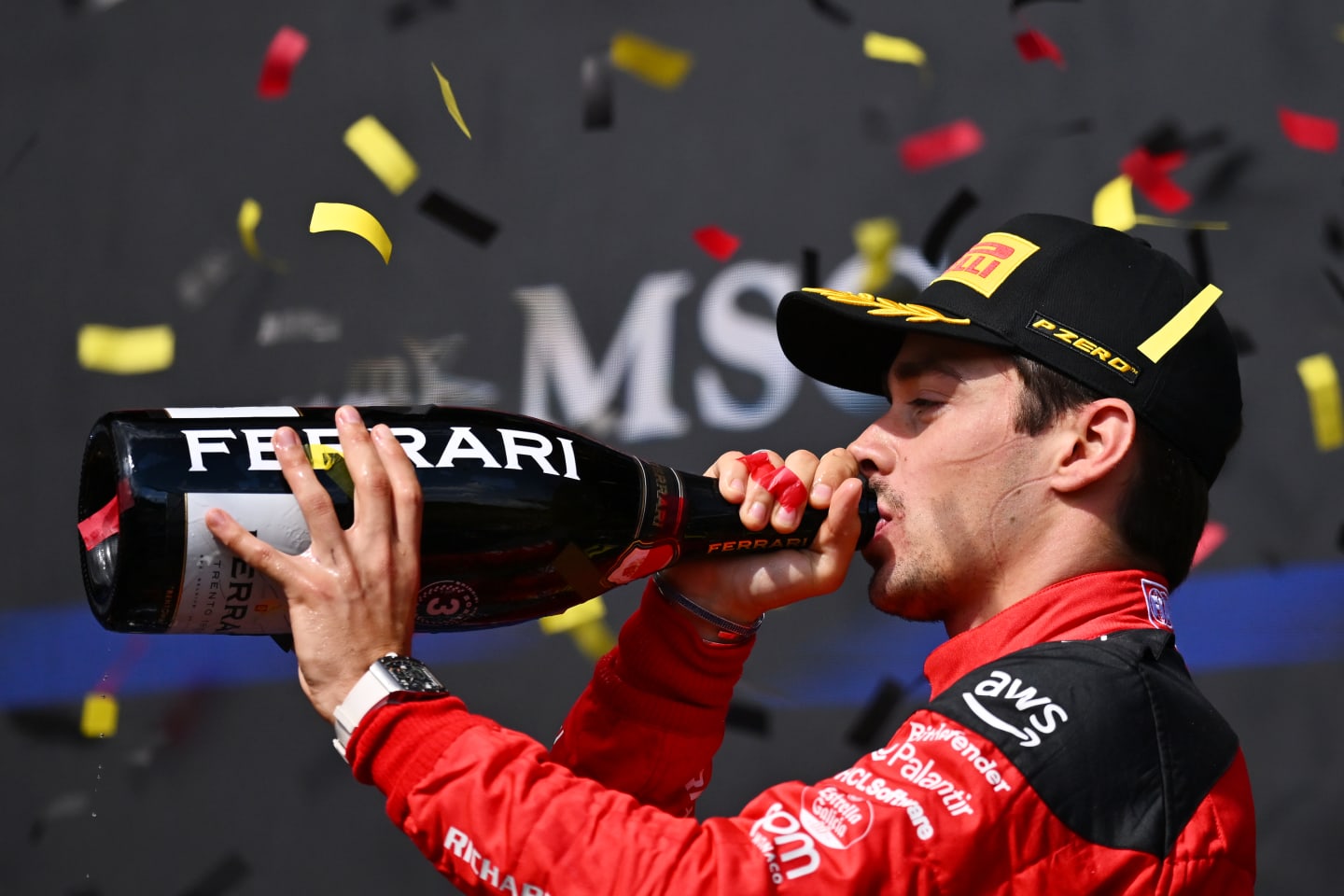 SPA, BELGIUM - JULY 30: Third placed Charles Leclerc of Monaco and Ferrari celebrates on the podium during the F1 Grand Prix of Belgium at Circuit de Spa-Francorchamps on July 30, 2023 in Spa, Belgium. (Photo by Dan Mullan/Getty Images)