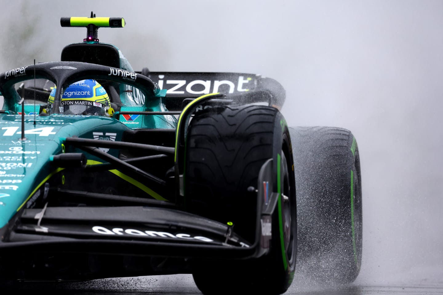 SPA, BELGIUM - JULY 28: Fernando Alonso of Spain driving the (14) Aston Martin AMR23 Mercedes on track during practice ahead of the F1 Grand Prix of Belgium at Circuit de Spa-Francorchamps on July 28, 2023 in Spa, Belgium. (Photo by Mark Thompson/Getty Images)