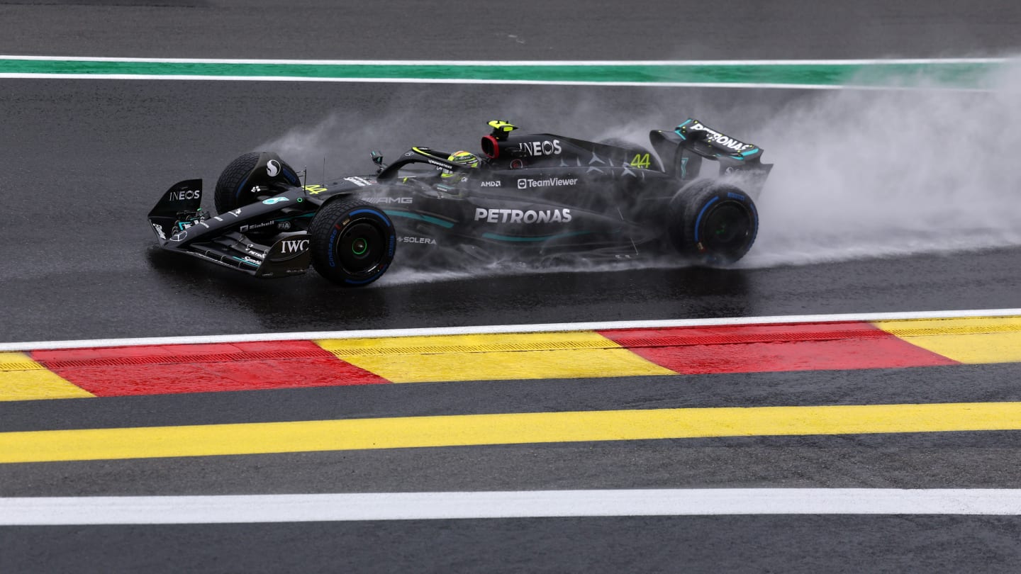 SPA, BELGIUM - JULY 28: Lewis Hamilton of Great Britain driving the (44) Mercedes AMG Petronas F1 Team W14 on track during practice ahead of the F1 Grand Prix of Belgium at Circuit de Spa-Francorchamps on July 28, 2023 in Spa, Belgium. (Photo by Dean Mouhtaropoulos - Formula 1/Formula 1 via Getty Images)