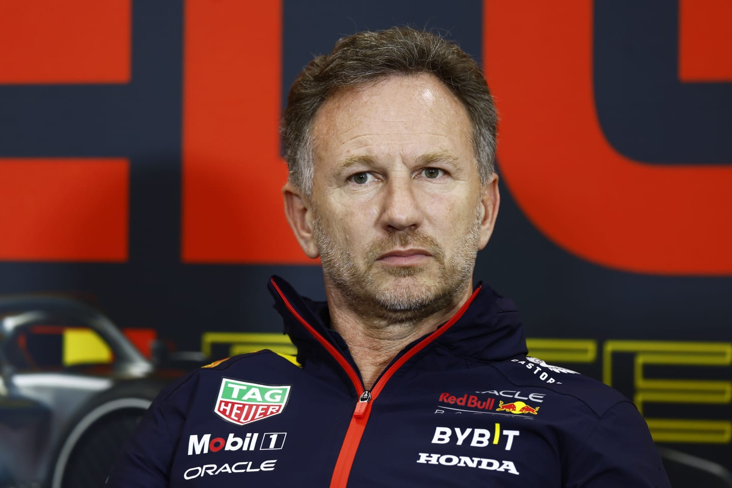 SPA, BELGIUM - JULY 28: Red Bull Racing Team Principal Christian Horner attends the Team Principals Press Conference after practice ahead of the F1 Grand Prix of Belgium at Circuit de Spa-Francorchamps on July 28, 2023 in Spa, Belgium. (Photo by Francois Nel/Getty Images)