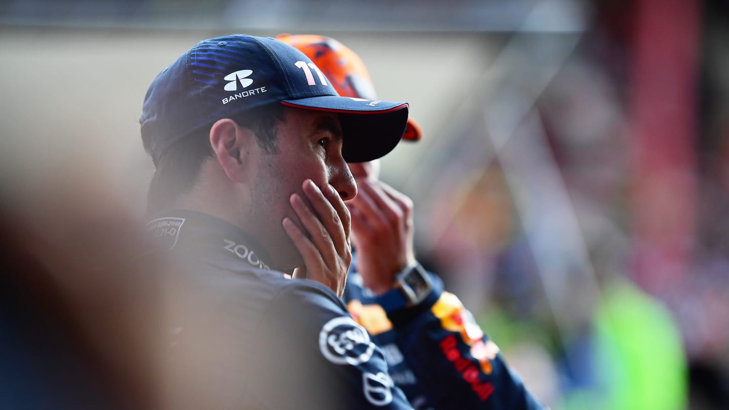 SPA, BELGIUM - JULY 28: Third placed qualifier Sergio Perez of Mexico and Oracle Red Bull Racing looks on in parc ferme during qualifying ahead of the F1 Grand Prix of Belgium at Circuit de Spa-Francorchamps on July 28, 2023 in Spa, Belgium. (Photo by Mario Renzi - Formula 1/Formula 1 via Getty Images)