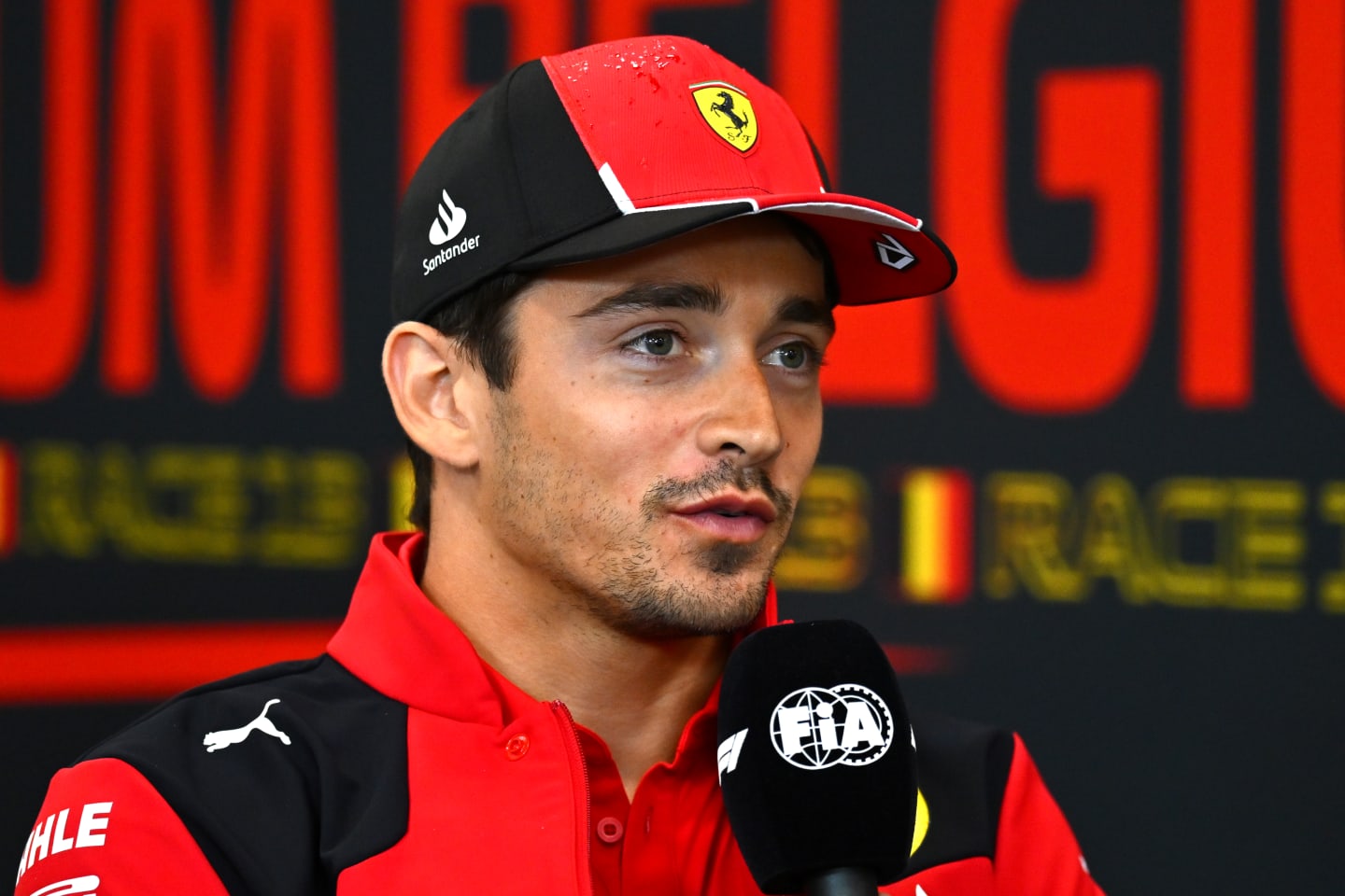 SPA, BELGIUM - JULY 27: Charles Leclerc of Monaco and Ferrari attends the Drivers Press Conference during previews ahead of the F1 Grand Prix of Belgium at Circuit de Spa-Francorchamps on July 27, 2023 in Spa, Belgium. (Photo by Dan Mullan/Getty Images)
