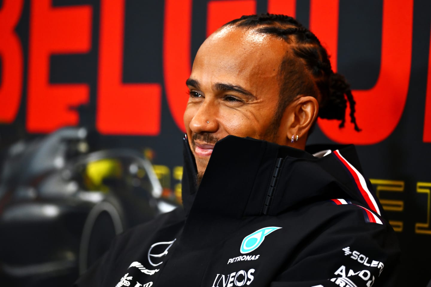 SPA, BELGIUM - JULY 27: Lewis Hamilton of Great Britain and Mercedes attends the Drivers Press Conference during previews ahead of the F1 Grand Prix of Belgium at Circuit de Spa-Francorchamps on July 27, 2023 in Spa, Belgium. (Photo by Dan Mullan/Getty Images)