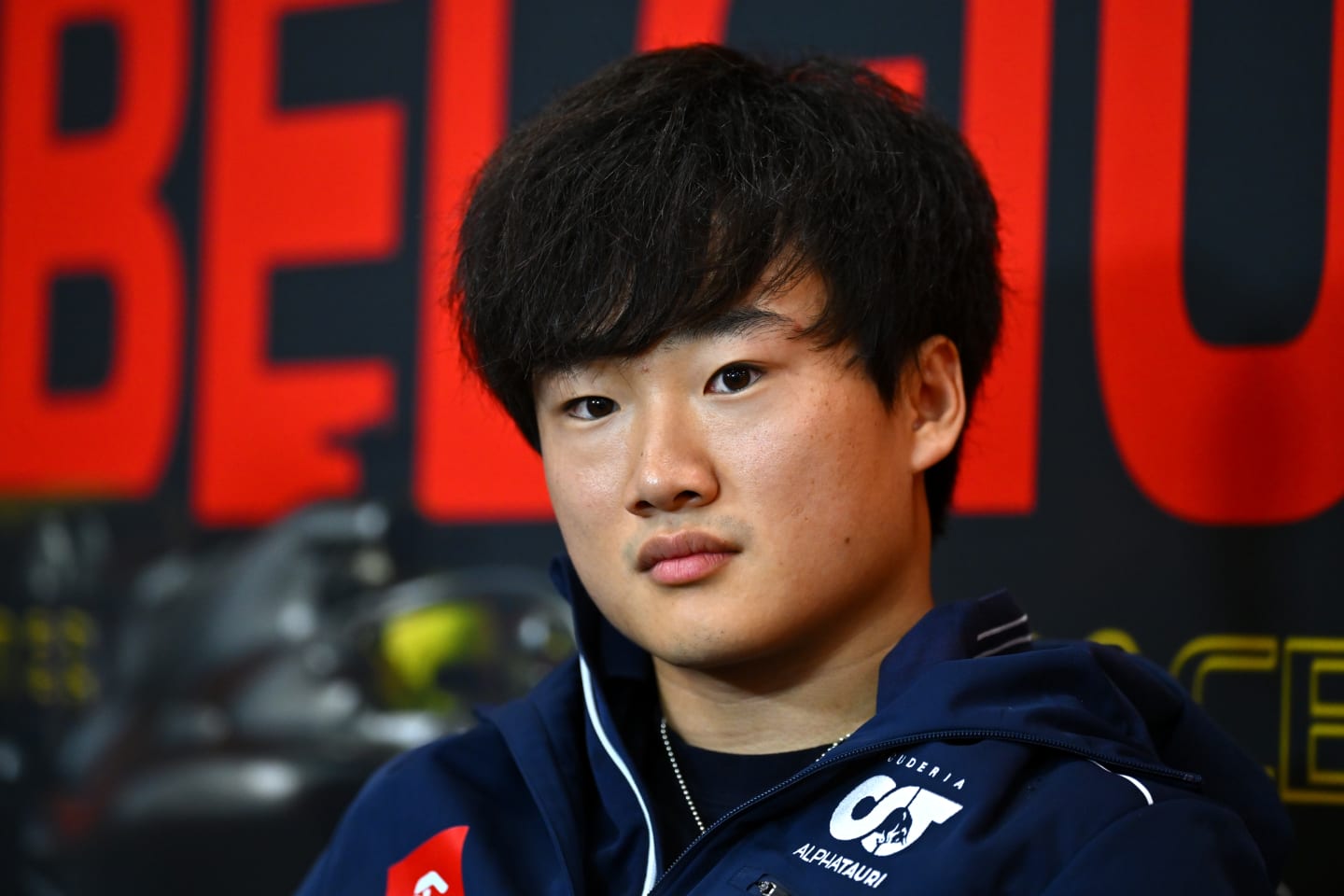 SPA, BELGIUM - JULY 27: Yuki Tsunoda of Japan and Scuderia AlphaTauri attends the Drivers Press Conference during previews ahead of the F1 Grand Prix of Belgium at Circuit de Spa-Francorchamps on July 27, 2023 in Spa, Belgium. (Photo by Dan Mullan/Getty Images)