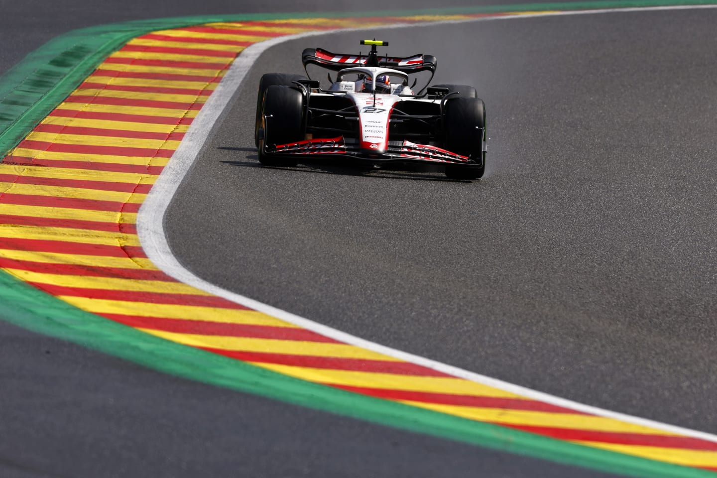 SPA, BELGIUM - JULY 29: Nico Hulkenberg of Germany driving the (27) Haas F1 VF-23 Ferrari on track during the Sprint Shootout ahead of the F1 Grand Prix of Belgium at Circuit de Spa-Francorchamps on July 29, 2023 in Spa, Belgium. (Photo by Francois Nel/Getty Images)