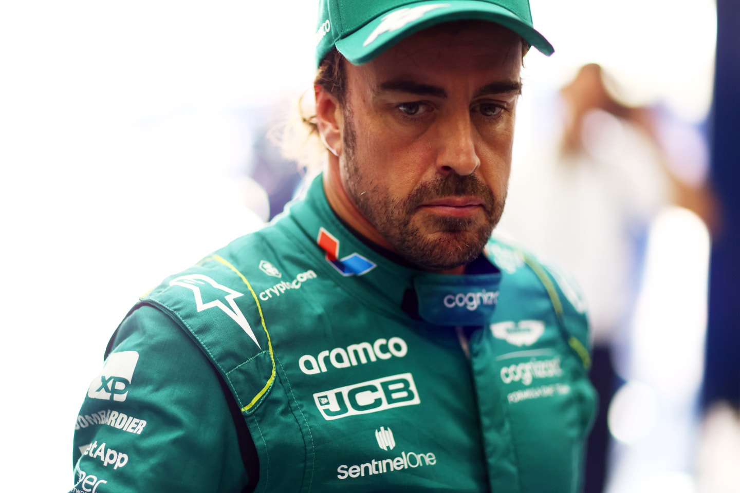 SPA, BELGIUM - JULY 29: Sprint Shootout 15th fastest qualifier Fernando Alonso of Spain and Aston Martin F1 Team looks on in the FIA garage during the Sprint Shootout ahead of the F1 Grand Prix of Belgium at Circuit de Spa-Francorchamps on July 29, 2023 in Spa, Belgium. (Photo by Dan Istitene - Formula 1/Formula 1 via Getty Images)