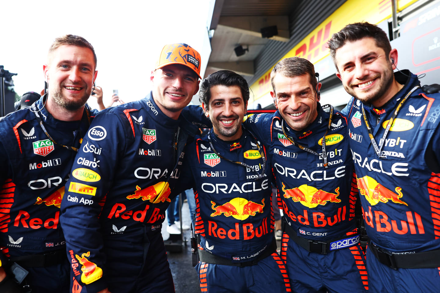SPA, BELGIUM - JULY 29: Sprint winner Max Verstappen of the Netherlands and Oracle Red Bull Racing celebrates with his team in parc ferme during the Sprint ahead of the F1 Grand Prix of Belgium at Circuit de Spa-Francorchamps on July 29, 2023 in Spa, Belgium. (Photo by Mark Thompson/Getty Images)