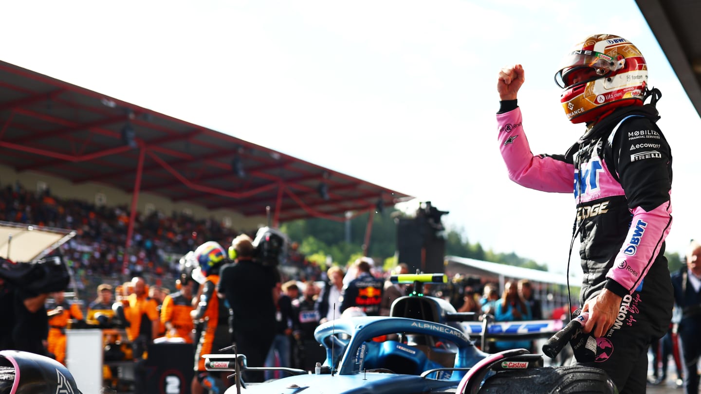 SPA, BELGIUM - JULY 29: Third placed Pierre Gasly of France and Alpine F1 celebrates in parc ferme during the Sprint ahead of the F1 Grand Prix of Belgium at Circuit de Spa-Francorchamps on July 29, 2023 in Spa, Belgium. (Photo by Dan Istitene - Formula 1/Formula 1 via Getty Images)