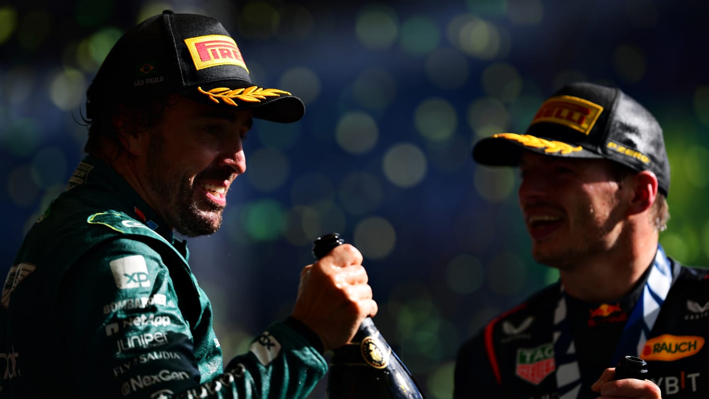 SAO PAULO, BRAZIL - NOVEMBER 05: Third placed Fernando Alonso of Spain and Aston Martin F1 Team and