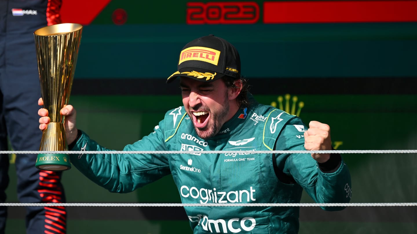 SAO PAULO, BRAZIL - NOVEMBER 05: Third placed Fernando Alonso of Spain and Aston Martin F1 Team celebrates on the podium during the F1 Grand Prix of Brazil at Autodromo Jose Carlos Pace on November 05, 2023 in Sao Paulo, Brazil. (Photo by Clive Mason - Formula 1/Formula 1 via Getty Images)