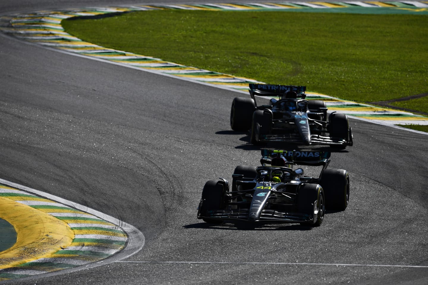 SAO PAULO, BRAZIL - NOVEMBER 05: Lewis Hamilton of Great Britain driving the (44) Mercedes AMG