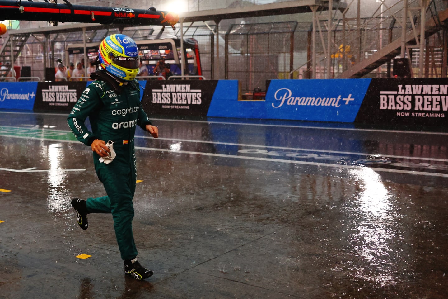 SAO PAULO, BRAZIL - NOVEMBER 03: Fourth placed qualifier Fernando Alonso of Spain and Aston Martin F1 Team runs in the pitlane afterg qualifying ahead of the F1 Grand Prix of Brazil at Autodromo Jose Carlos Pace on November 03, 2023 in Sao Paulo, Brazil. (Photo by Mark Thompson/Getty Images)