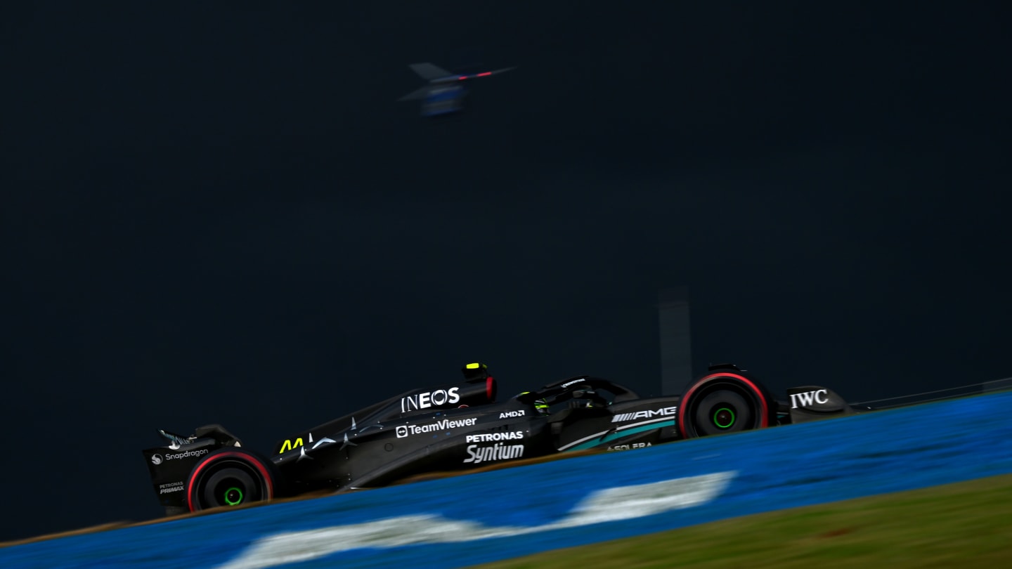SAO PAULO, BRAZIL - NOVEMBER 03: Lewis Hamilton of Great Britain driving the (44) Mercedes AMG