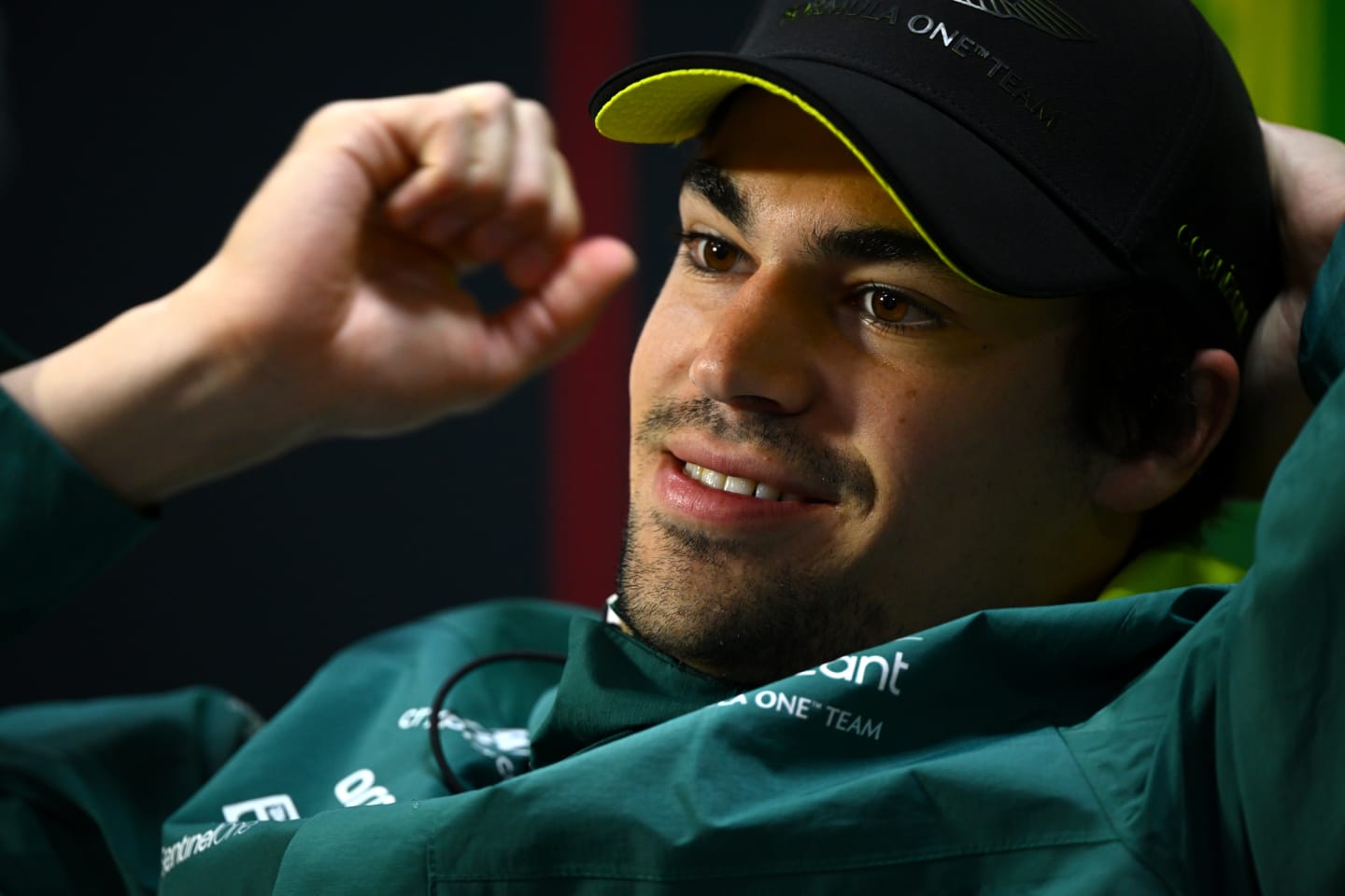 SAO PAULO, BRAZIL - NOVEMBER 02: Lance Stroll of Canada and Aston Martin F1 Team reacts in the Drivers Press Conference during previews ahead of the F1 Grand Prix of Brazil at Autodromo Jose Carlos Pace on November 02, 2023 in Sao Paulo, Brazil. (Photo by Clive Mason/Getty Images)