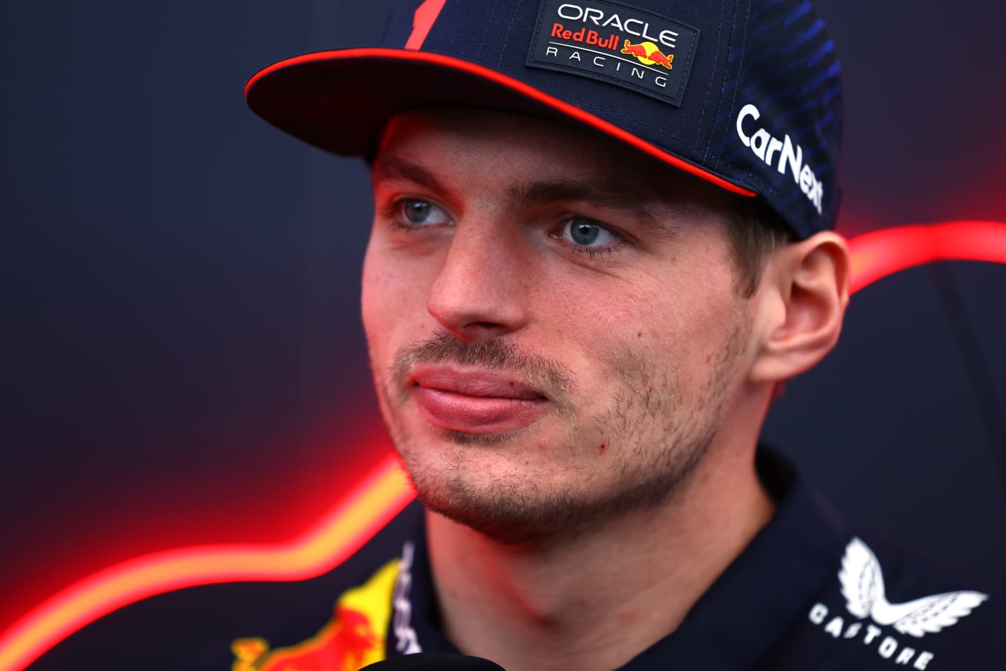 SAO PAULO, BRAZIL - NOVEMBER 02: Max Verstappen of the Netherlands and Oracle Red Bull Racing talks