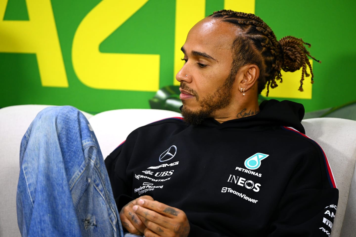 SAO PAULO, BRAZIL - NOVEMBER 02: Lewis Hamilton of Great Britain and Mercedes looks on in the Drivers Press Conference during previews ahead of the F1 Grand Prix of Brazil at Autodromo Jose Carlos Pace on November 02, 2023 in Sao Paulo, Brazil. (Photo by Clive Mason/Getty Images)
