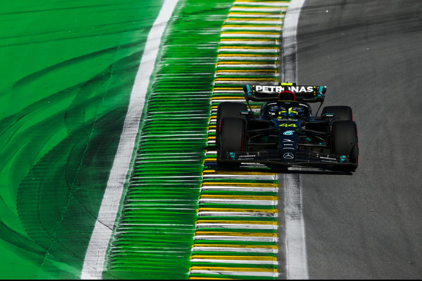 SAO PAULO, BRAZIL - NOVEMBER 04: Lewis Hamilton of Great Britain driving the (44) Mercedes AMG