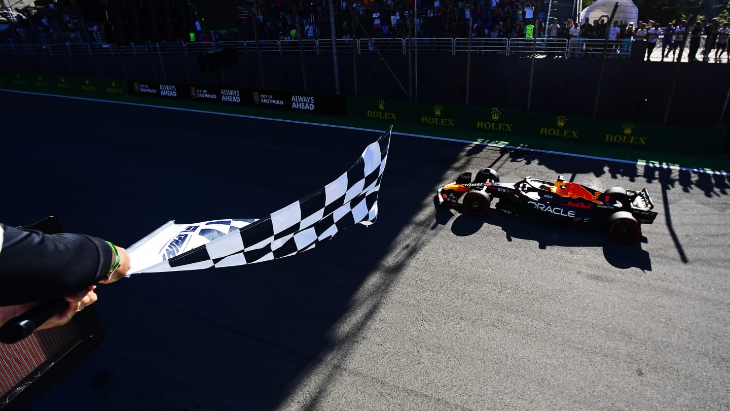 SAO PAULO, BRAZIL - NOVEMBER 04: Sprint winner Max Verstappen of the Netherlands and Oracle Red Bull Racing crosses the finish line during the Sprint ahead of the F1 Grand Prix of Brazil at Autodromo Jose Carlos Pace on November 04, 2023 in Sao Paulo, Brazil. (Photo by Mario Renzi - Formula 1/Formula 1 via Getty Images)
