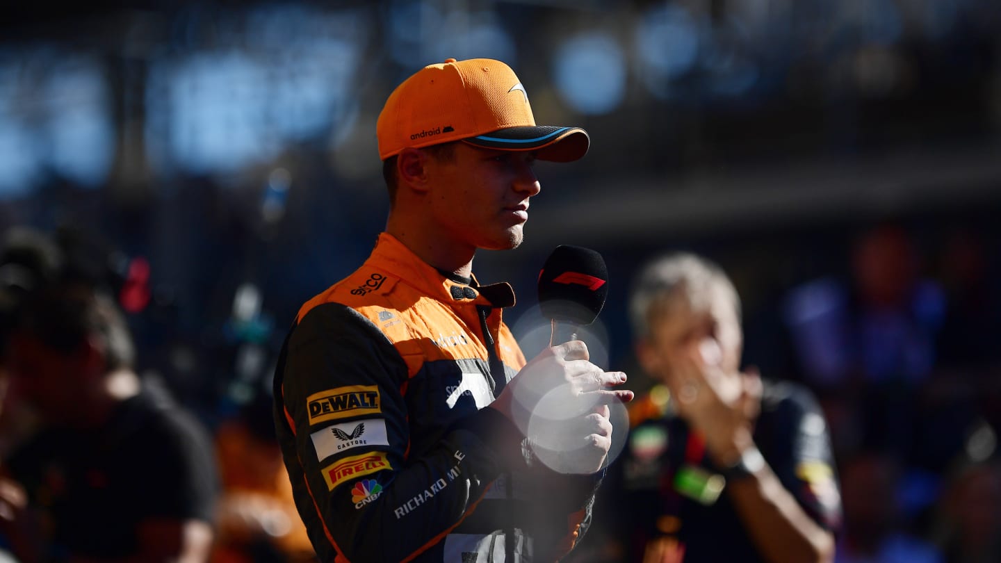 SAO PAULO, BRAZIL - NOVEMBER 04: Second placed Lando Norris of Great Britain and McLaren reacts in parc ferme during the Sprint ahead of the F1 Grand Prix of Brazil at Autodromo Jose Carlos Pace on November 04, 2023 in Sao Paulo, Brazil. (Photo by Mario Renzi - Formula 1/Formula 1 via Getty Images)