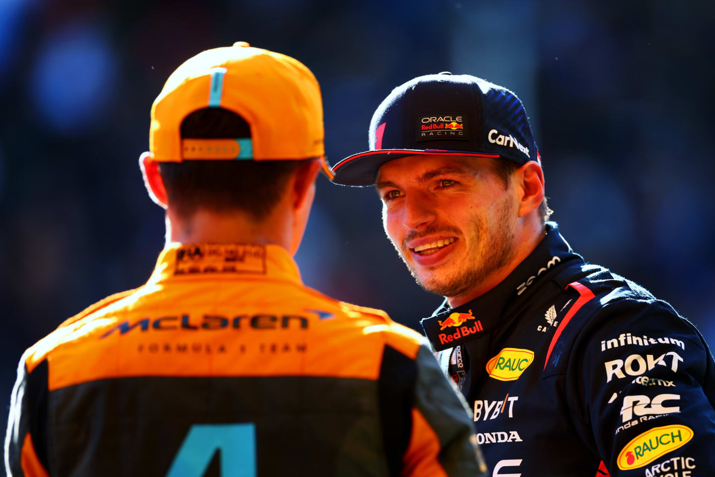 SAO PAULO, BRAZIL - NOVEMBER 04: Sprint winner Max Verstappen of the Netherlands and Oracle Red Bull Racing talks with Lando Norris of Great Britain and McLaren in parc ferme after the Sprint race ahead of the F1 Grand Prix of Brazil at Autodromo Jose Carlos Pace on November 04, 2023 in Sao Paulo, Brazil. (Photo by Dan Istitene - Formula 1/Formula 1 via Getty Images)