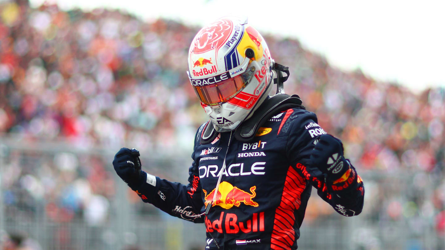 MONTREAL, QUEBEC - JUNE 18: Race winner Max Verstappen of the Netherlands and Oracle Red Bull Racing celebrates in parc ferme during the F1 Grand Prix of Canada at Circuit Gilles Villeneuve on June 18, 2023 in Montreal, Quebec. (Photo by Dan Istitene - Formula 1/Formula 1 via Getty Images)