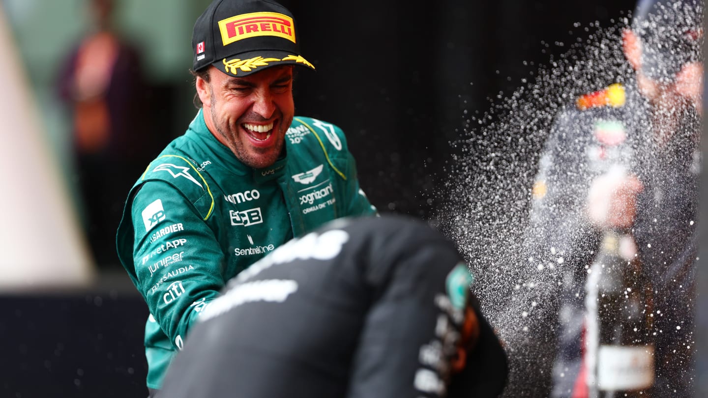 MONTREAL, QUEBEC - JUNE 18: Second placed Fernando Alonso of Spain and Aston Martin F1 Team celebrates on the podium during the F1 Grand Prix of Canada at Circuit Gilles Villeneuve on June 18, 2023 in Montreal, Quebec. (Photo by Dan Istitene - Formula 1/Formula 1 via Getty Images)
