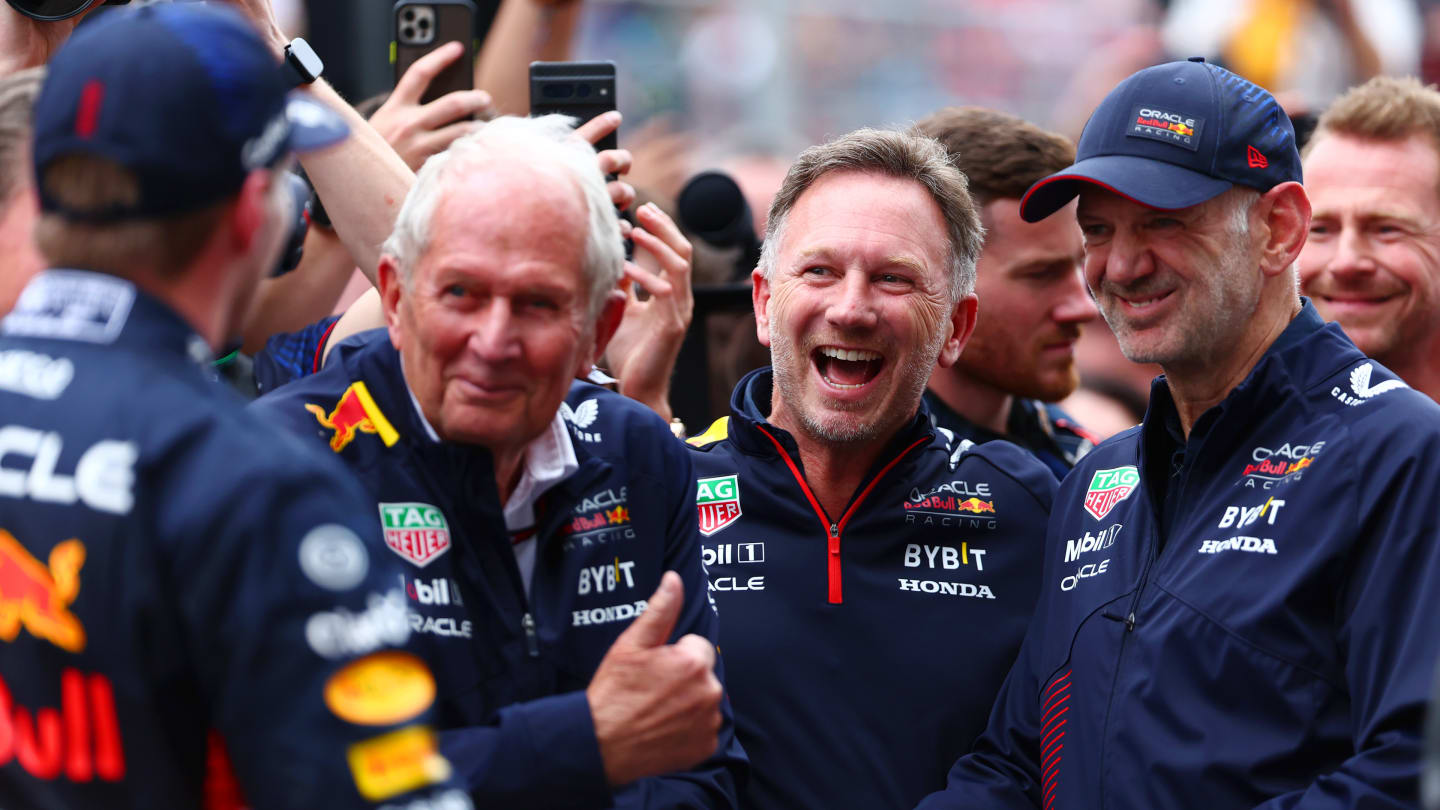MONTREAL, QUEBEC - JUNE 18: Red Bull Racing Team Consultant Dr Helmut Marko, Red Bull Racing Team Principal Christian Horner and Adrian Newey, the Chief Technical Officer of Red Bull Racing and race winner Max Verstappen of the Netherlands and Oracle Red Bull Racing celebrate in parc ferme during the F1 Grand Prix of Canada at Circuit Gilles Villeneuve on June 18, 2023 in Montreal, Quebec. (Photo by Dan Istitene - Formula 1/Formula 1 via Getty Images)