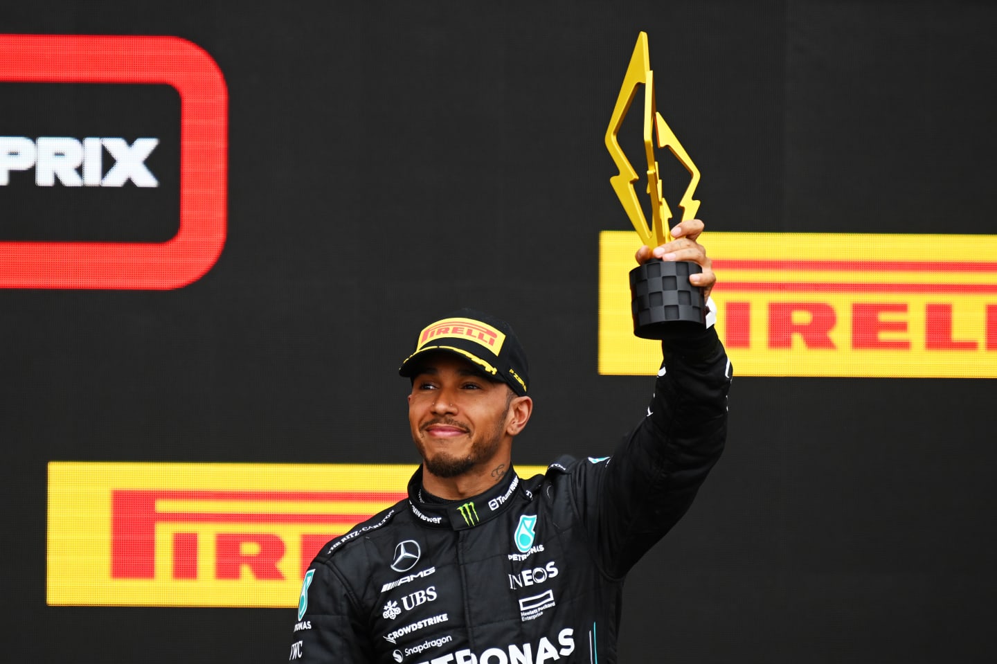 MONTREAL, QUEBEC - JUNE 18: Third placed Lewis Hamilton of Great Britain and Mercedes celebrates on