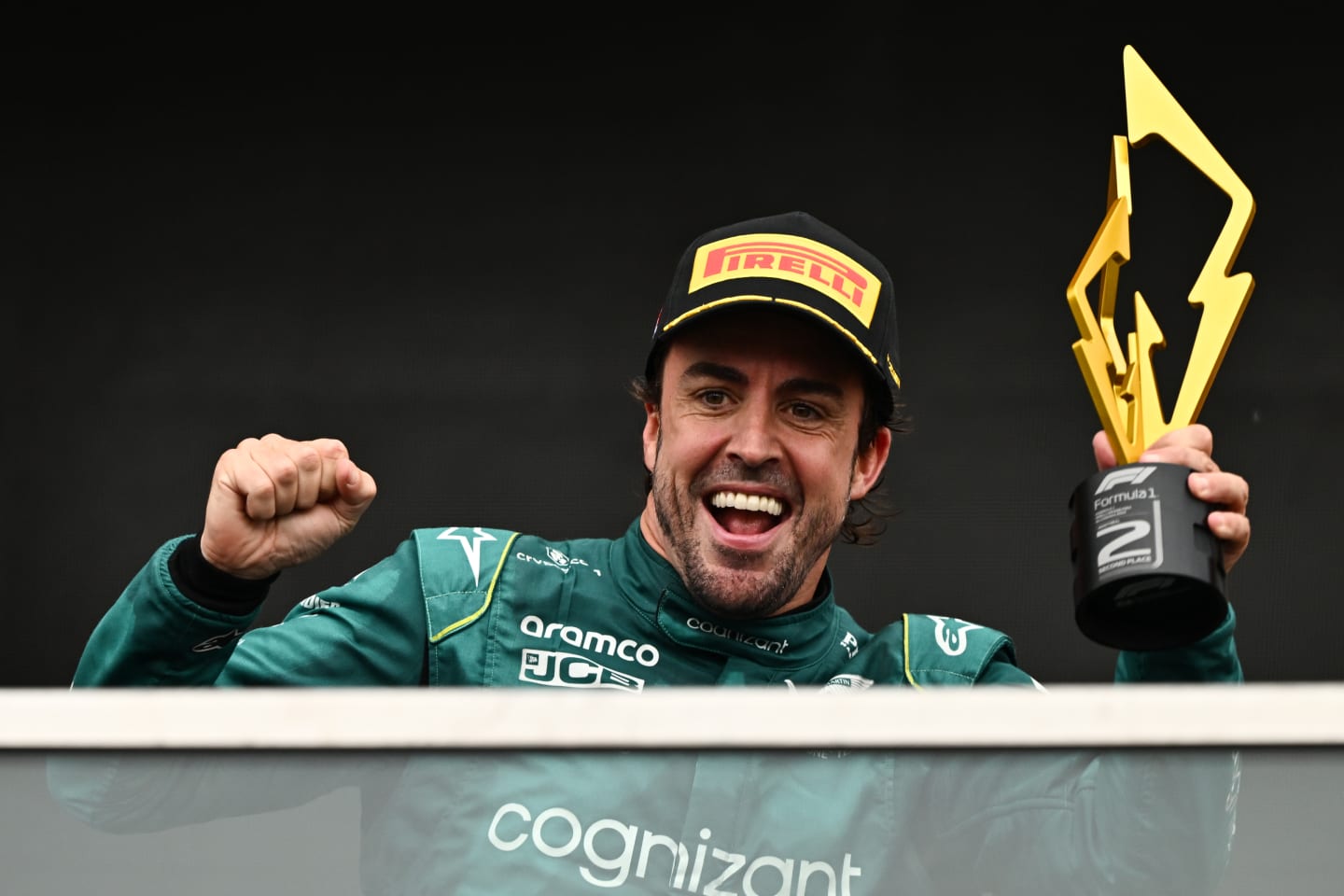 MONTREAL, QUEBEC - JUNE 18: Second placed Fernando Alonso of Spain and Aston Martin F1 Team celebrates on the podium during the F1 Grand Prix of Canada at Circuit Gilles Villeneuve on June 18, 2023 in Montreal, Quebec. (Photo by Minas Panagiotakis/Getty Images)