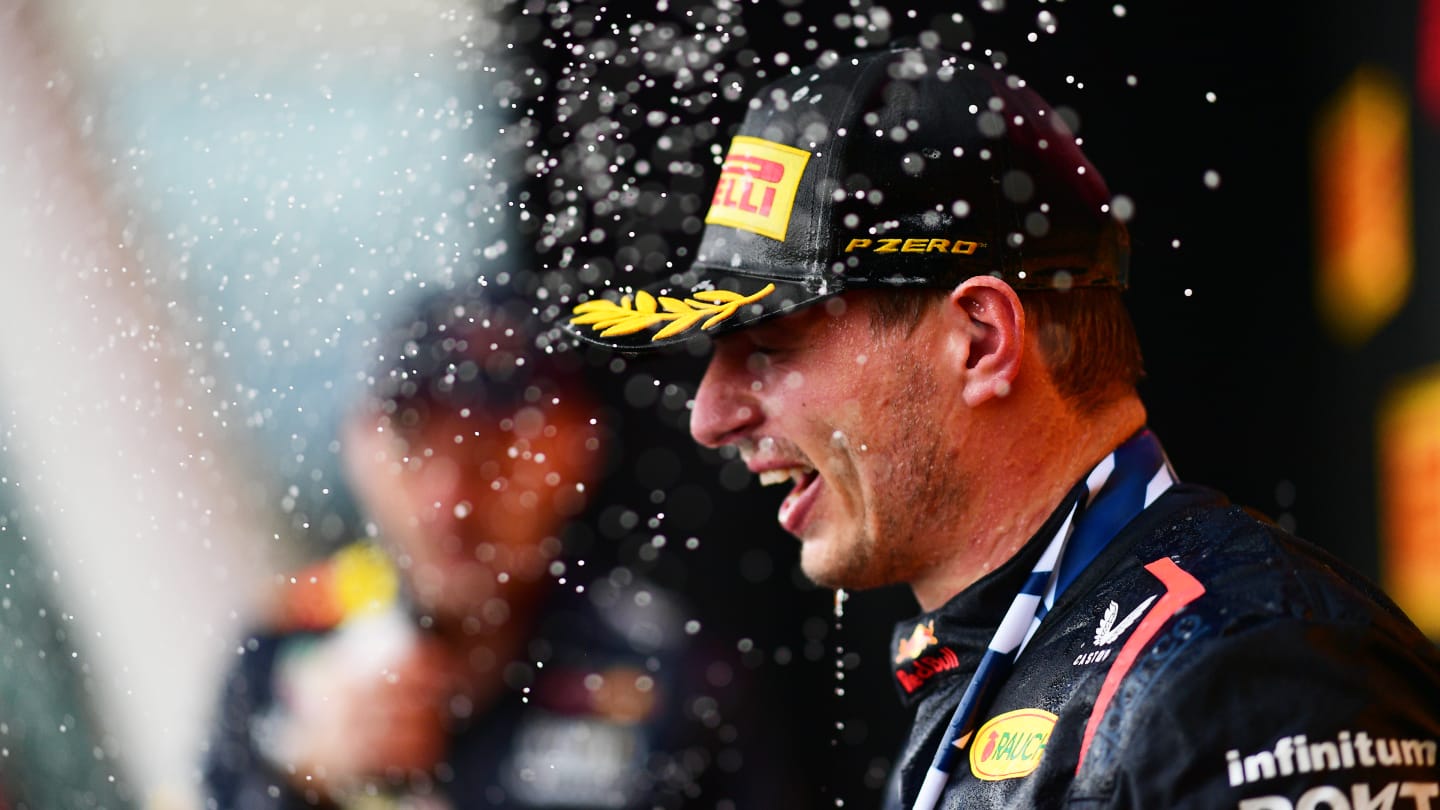 MONTREAL, QUEBEC - JUNE 18: Race winner Max Verstappen of the Netherlands and Oracle Red Bull Racing celebrates on the podium during the F1 Grand Prix of Canada at Circuit Gilles Villeneuve on June 18, 2023 in Montreal, Quebec. (Photo by Mario Renzi - Formula 1/Formula 1 via Getty Images)