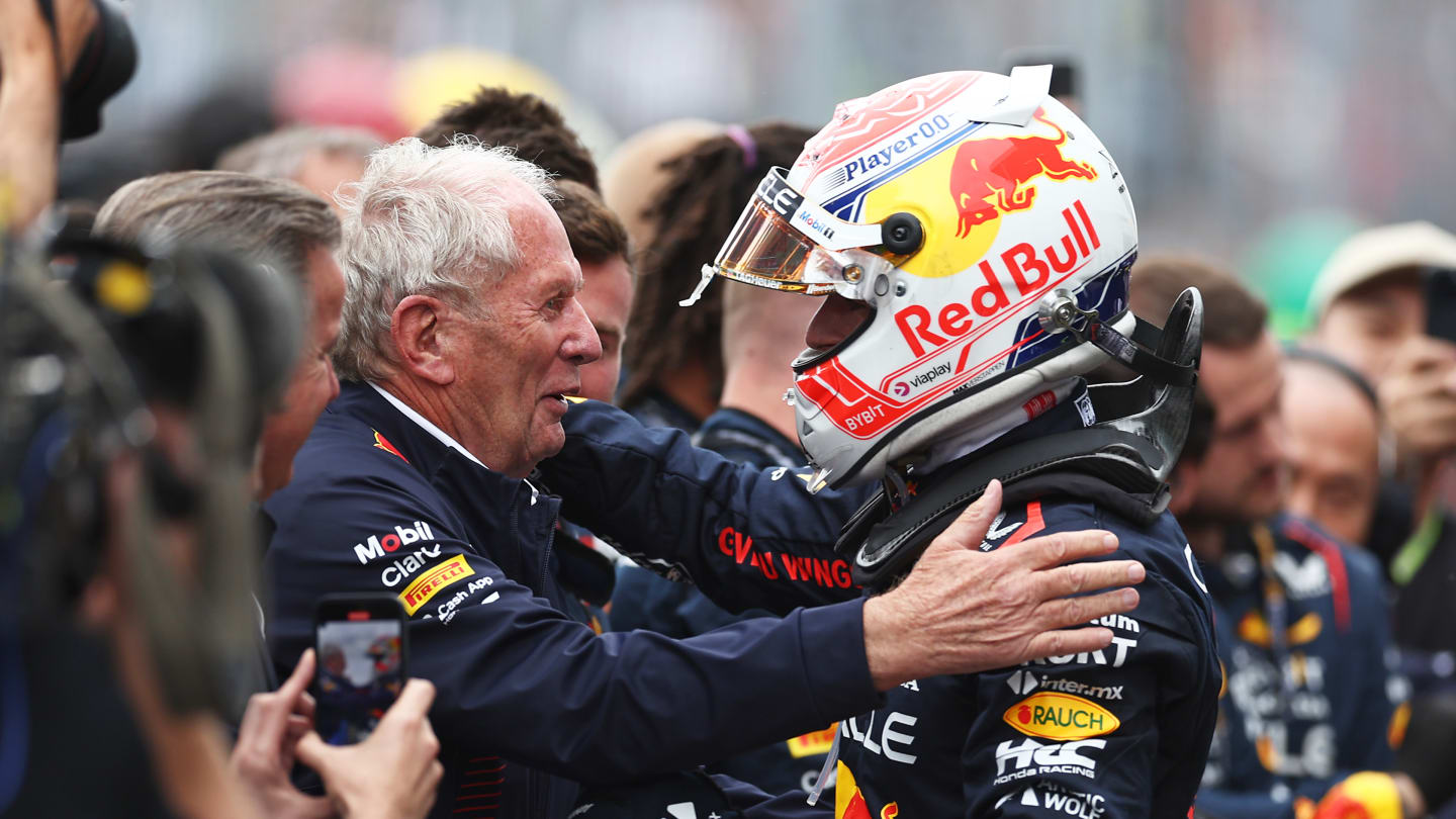 MONTREAL, QUEBEC - JUNE 18: Red Bull Racing Team Consultant Dr Helmut Marko and race winner Max Verstappen of the Netherlands and Oracle Red Bull Racing celebrate in parc ferme during the F1 Grand Prix of Canada at Circuit Gilles Villeneuve on June 18, 2023 in Montreal, Quebec. (Photo by Bryn Lennon - Formula 1/Formula 1 via Getty Images)