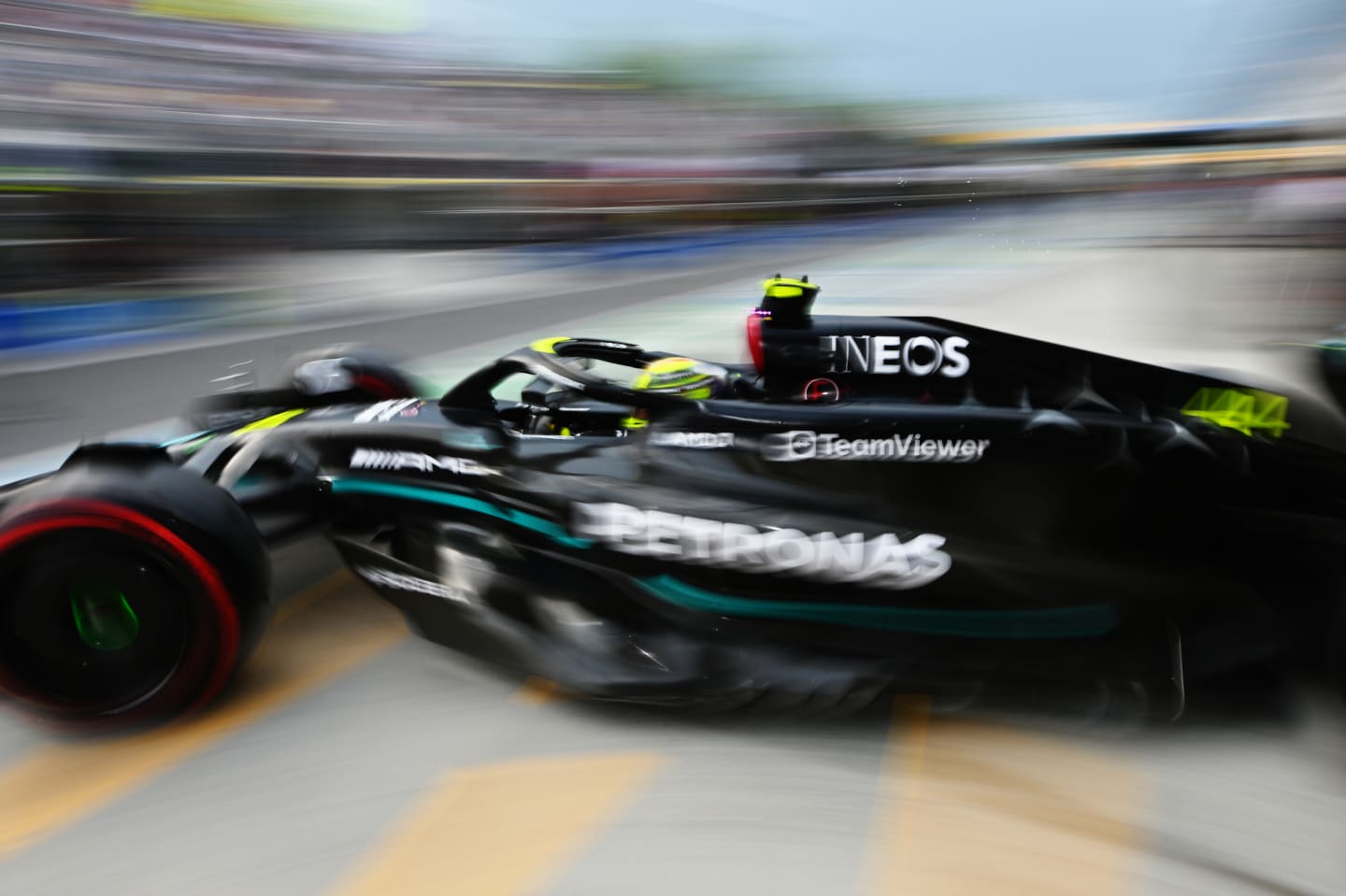 MONTREAL, QUEBEC - JUNE 16: Lewis Hamilton of Great Britain driving the (44) Mercedes AMG Petronas F1 Team W14 leaves the garage during practice ahead of the F1 Grand Prix of Canada at Circuit Gilles Villeneuve on June 16, 2023 in Montreal, Quebec. (Photo by Dan Mullan/Getty Images)
