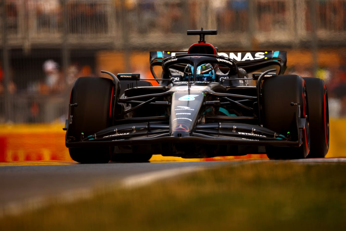 MONTREAL, QUEBEC - JUNE 16: George Russell of Great Britain driving the (63) Mercedes AMG Petronas F1 Team W14 on track during practice ahead of the F1 Grand Prix of Canada at Circuit Gilles Villeneuve on June 16, 2023 in Montreal, Quebec. (Photo by Jared C. Tilton/Getty Images)