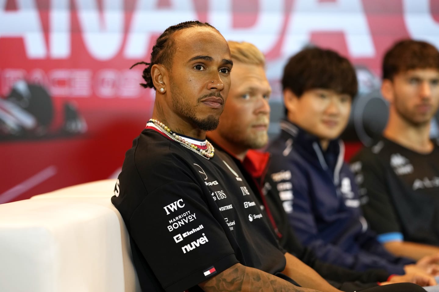 MONTREAL, QUEBEC - JUNE 15: Lewis Hamilton of Great Britain and Mercedes attends the Drivers Press Conference during previews ahead of the F1 Grand Prix of Canada at Circuit Gilles Villeneuve on June 15, 2023 in Montreal, Quebec. (Photo by Rudy Carezzevoli/Getty Images)