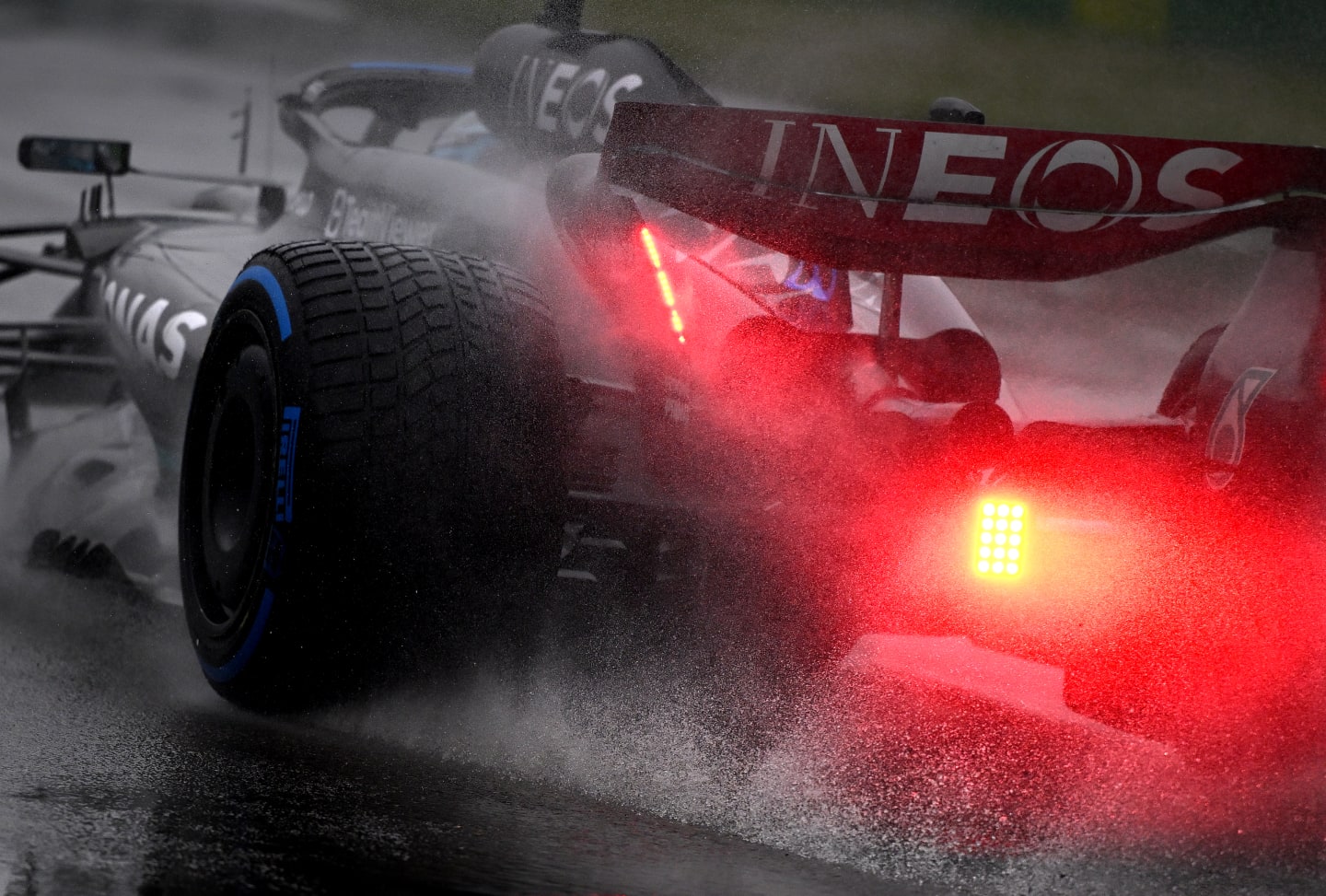 MONTREAL, QUEBEC - JUNE 17: George Russell of Great Britain driving the (63) Mercedes AMG Petronas F1 Team W14 in the wet during final practice ahead of the F1 Grand Prix of Canada at Circuit Gilles Villeneuve on June 17, 2023 in Montreal, Quebec. (Photo by Clive Mason/Getty Images)