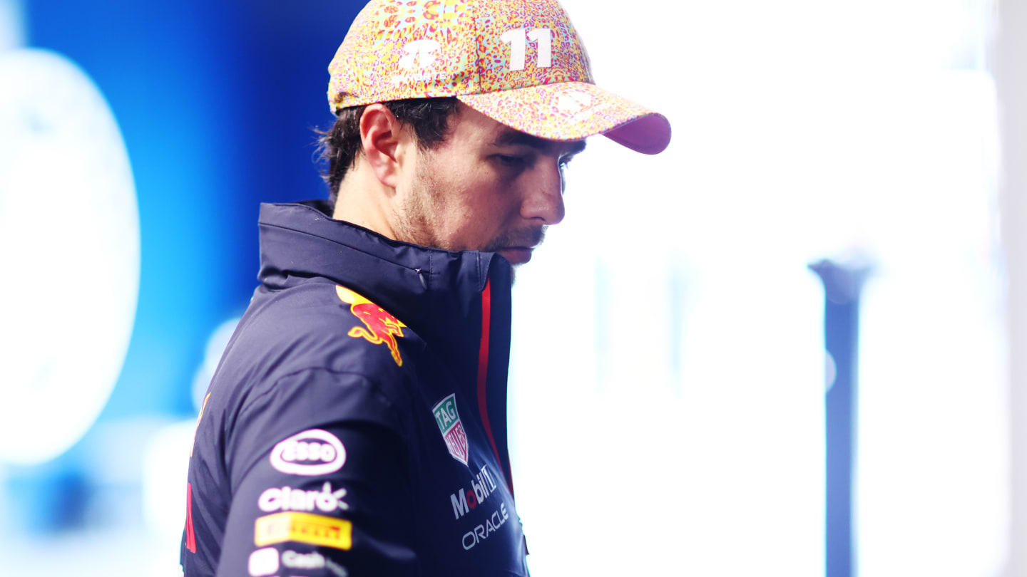 MONTREAL, QUEBEC - JUNE 17: 12th placed qualifier Sergio Perez of Mexico and Oracle Red Bull Racing looks on in the FIA garage during qualifying ahead of the F1 Grand Prix of Canada at Circuit Gilles Villeneuve on June 17, 2023 in Montreal, Quebec. (Photo by Dan Istitene - Formula 1/Formula 1 via Getty Images)