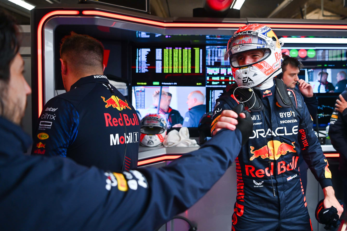 MONTREAL, QUEBEC - JUNE 17: Pole position qualifier Max Verstappen of the Netherlands and Oracle Red Bull Racing celebrates with his team in the garage during qualifying ahead of the F1 Grand Prix of Canada at Circuit Gilles Villeneuve on June 17, 2023 in Montreal, Quebec. (Photo by Dan Mullan/Getty Images)