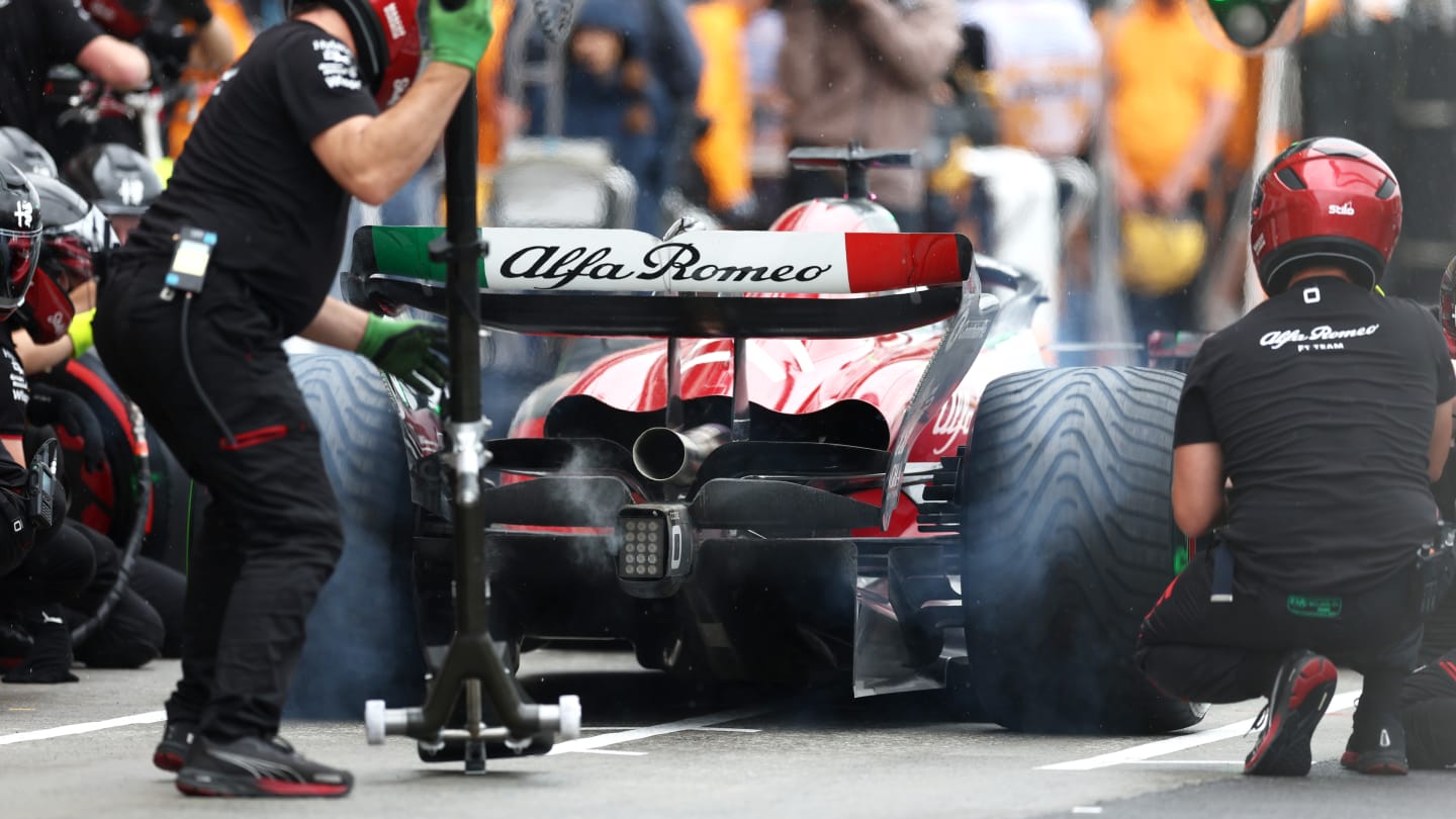 MONTREAL, QUEBEC - JUNE 17: Valtteri Bottas of Finland driving the (77) Alfa Romeo F1 C43 Ferrari makes a pitstop during qualifying ahead of the F1 Grand Prix of Canada at Circuit Gilles Villeneuve on June 17, 2023 in Montreal, Quebec. (Photo by Bryn Lennon - Formula 1/Formula 1 via Getty Images)