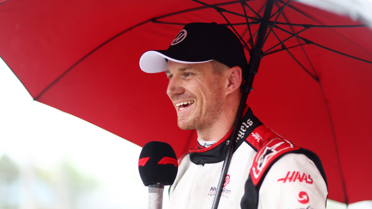 MONTREAL, QUEBEC - JUNE 17: Second placed qualifier Nico Hulkenberg of Germany and Haas F1 talks to the media in parc ferme during qualifying ahead of the F1 Grand Prix of Canada at Circuit Gilles Villeneuve on June 17, 2023 in Montreal, Quebec. (Photo by Dan Istitene - Formula 1/Formula 1 via Getty Images)