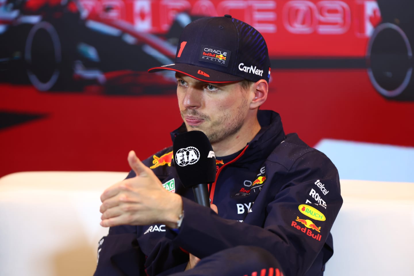 MONTREAL, QUEBEC - JUNE 17: Pole position qualifier Max Verstappen of the Netherlands and Oracle Red Bull Racing attends the press conference after qualifying ahead of the F1 Grand Prix of Canada at Circuit Gilles Villeneuve on June 17, 2023 in Montreal, Quebec. (Photo by Dan Istitene/Getty Images)