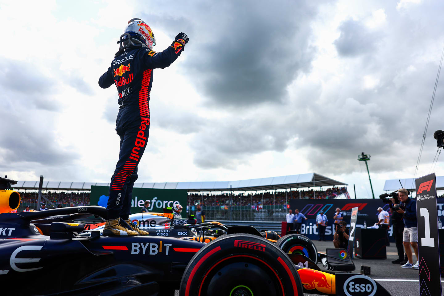 NORTHAMPTON, ENGLAND - JULY 09: Race winner Max Verstappen of the Netherlands and Oracle Red Bull