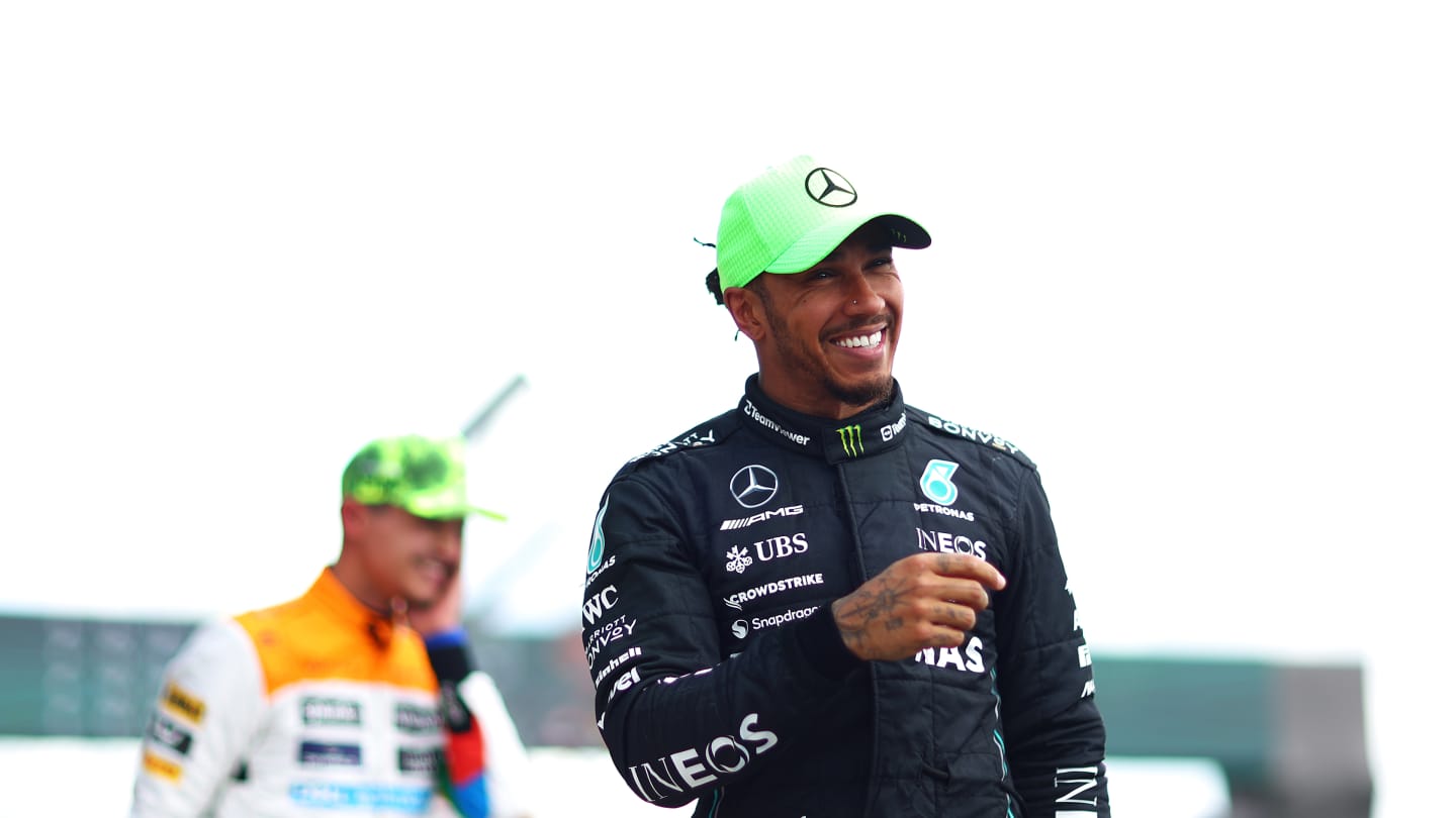 NORTHAMPTON, ENGLAND - JULY 09: Third placed Lewis Hamilton of Great Britain and Mercedes