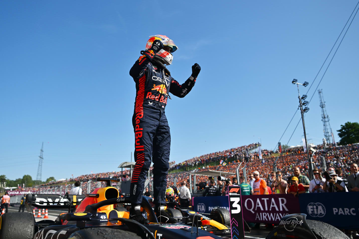 BUDAPEST, HUNGARY - JULY 23: Race winner Max Verstappen of the Netherlands and Oracle Red Bull Racing celebrates in parc ferme during the F1 Grand Prix of Hungary at Hungaroring on July 23, 2023 in Budapest, Hungary. (Photo by Dan Mullan/Getty Images)