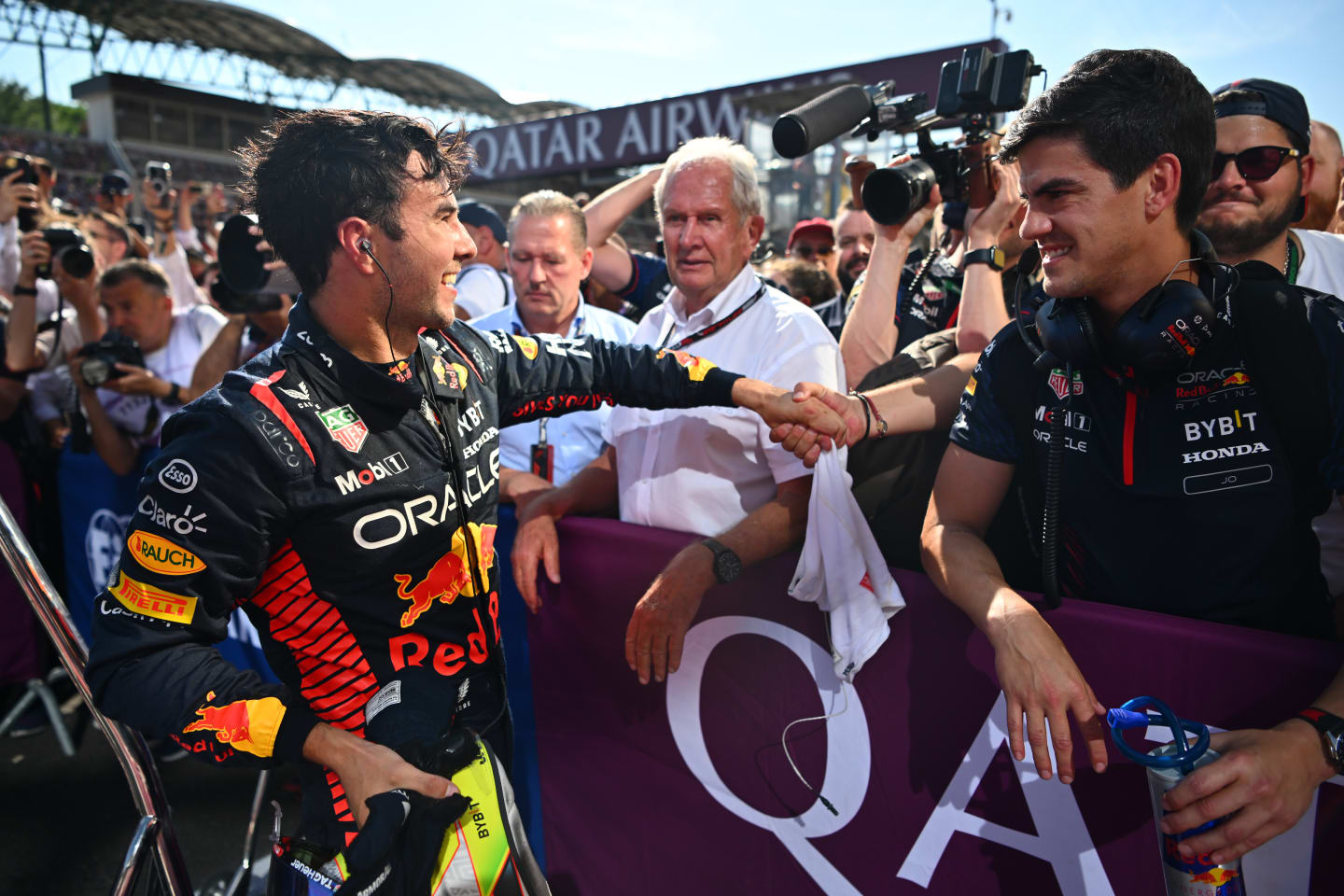 BUDAPEST, HUNGARY - JULY 23: Third placed Sergio Perez of Mexico and Oracle Red Bull Racing