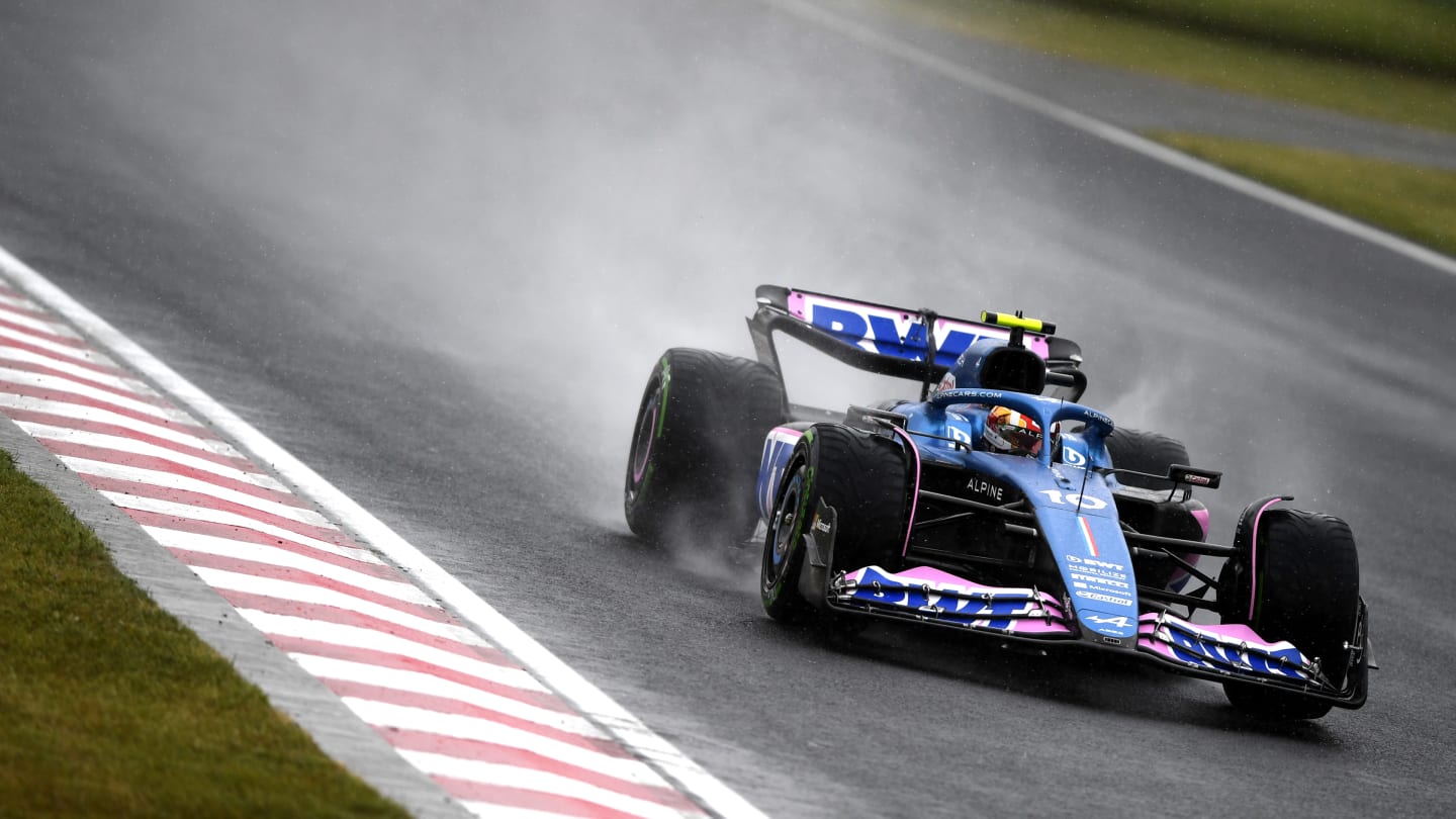 BUDAPEST, HUNGARY - JULY 21: Pierre Gasly of France driving the (10) Alpine F1 A523 Renault in the rain during practice ahead of the F1 Grand Prix of Hungary at Hungaroring on July 21, 2023 in Budapest, Hungary. (Photo by Rudy Carezzevoli - Formula 1/Formula 1 via Getty Images)