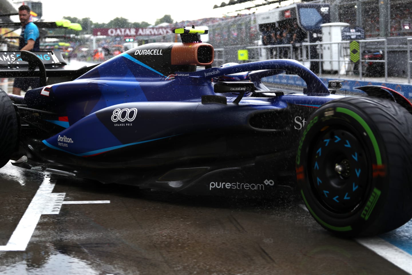 BUDAPEST, HUNGARY - JULY 21: Logan Sargeant of United States driving the (2) Williams FW45 Mercedes in the rain during practice ahead of the F1 Grand Prix of Hungary at Hungaroring on July 21, 2023 in Budapest, Hungary. (Photo by Peter Fox/Getty Images)