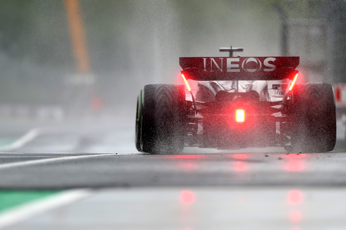 BUDAPEST, HUNGARY - JULY 21: George Russell of Great Britain driving the (63) Mercedes AMG Petronas F1 Team W14 in the rain  during practice ahead of the F1 Grand Prix of Hungary at Hungaroring on July 21, 2023 in Budapest, Hungary. (Photo by Peter Fox/Getty Images)