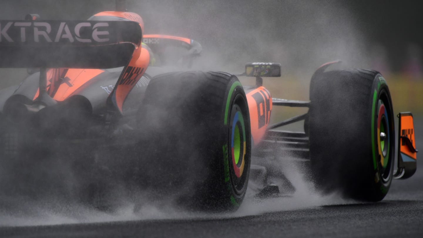 BUDAPEST, HUNGARY - JULY 21: Lando Norris of Great Britain driving the (4) McLaren MCL60 Mercedes in the rain during practice ahead of the F1 Grand Prix of Hungary at Hungaroring on July 21, 2023 in Budapest, Hungary. (Photo by Mario Renzi - Formula 1/Formula 1 via Getty Images)